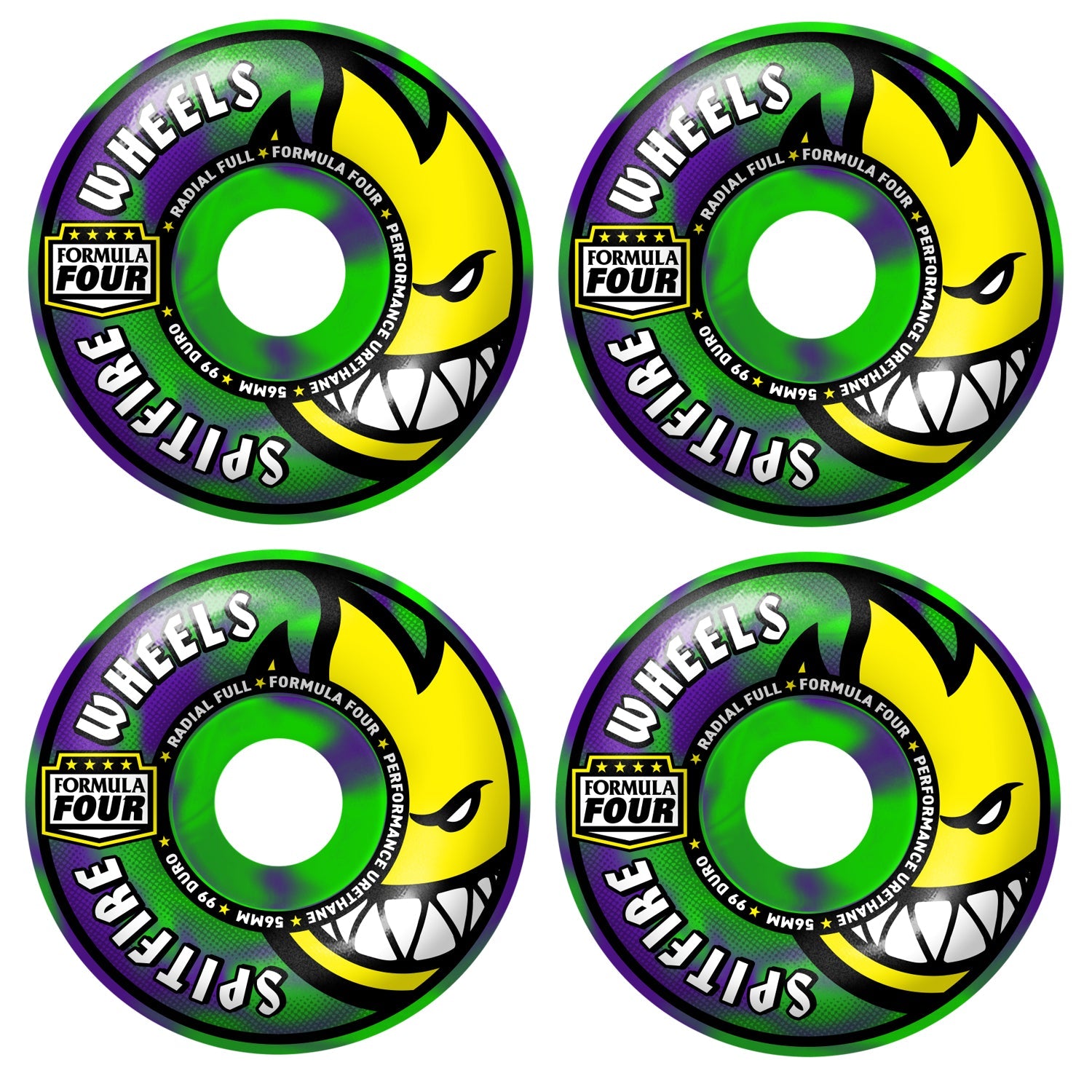Spitfire Skateboard Wheels 56mm F4 99A Radial Full Neon Green/Purple