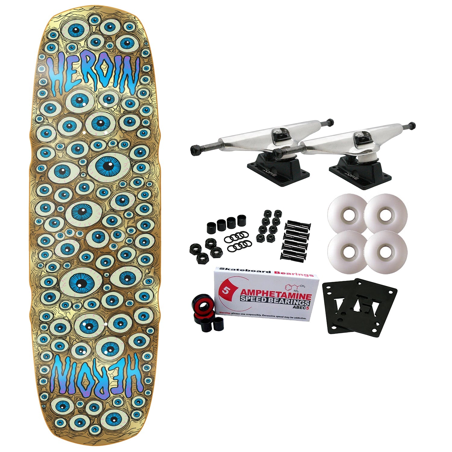 Heroin Skateboard Complete Seeing Double Mutated Symmetrical Gold 9.5" x 32"