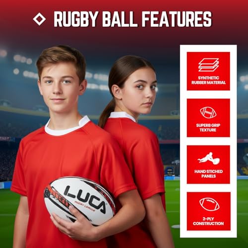 LUCA Rugby Ball Youth andAdult Sizes 3, 4 & 5 - HandStitched Super Grip TrainingBall - Durable 3-Ply WaterproofSurface for College & ClubPractice