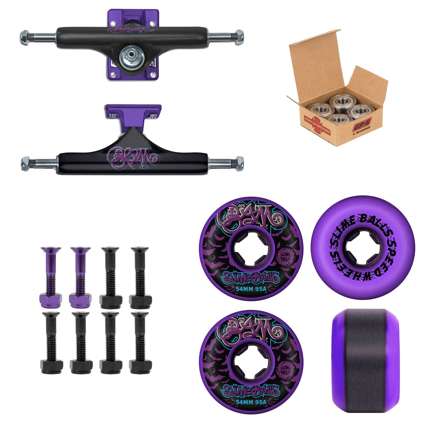 Bam Margera Build Package: Slappy Hollow Trucks, Slime Balls Wheels, Independent Bearings, 1" Black/Purple Hardware