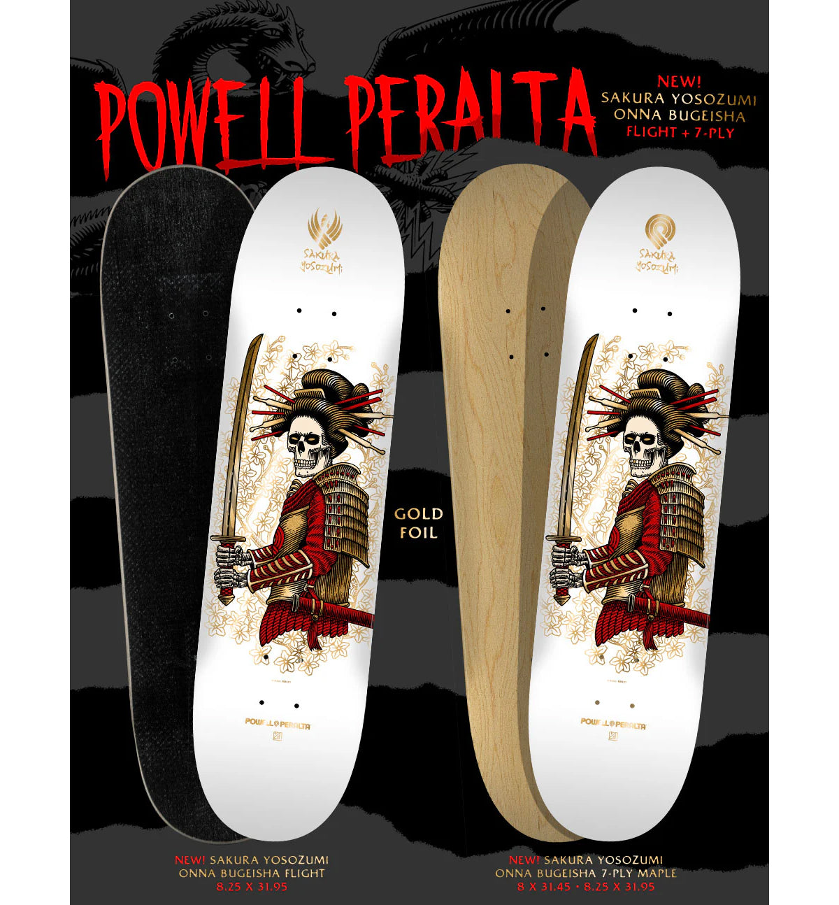 Powell Peralta Premium Flight Skateboard Yosozumi Onna-Bugeisha 8.25" Krux Trucks, Dragon Formula Wheels, Independent Bearings