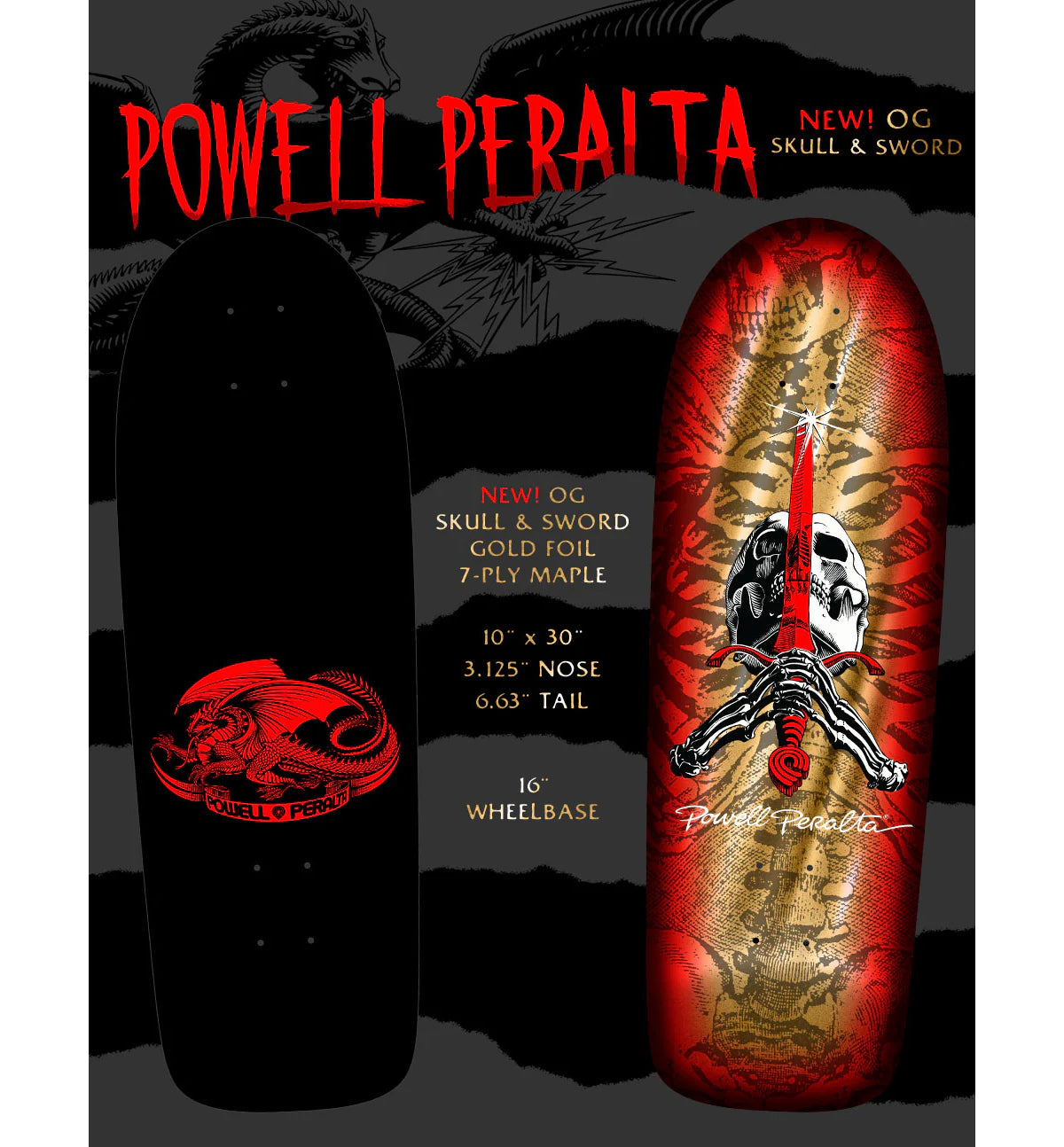 Powell Peralta Skateboard Rodriguez Skull and Sword Gold Foil / Independent / Rat Bones White
