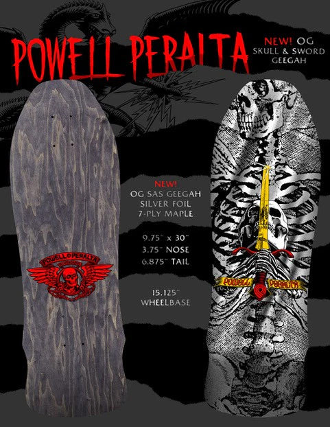 Powell Peralta Skateboard Complete Geegah Skull and Sword Silver Foil Old School Reissue