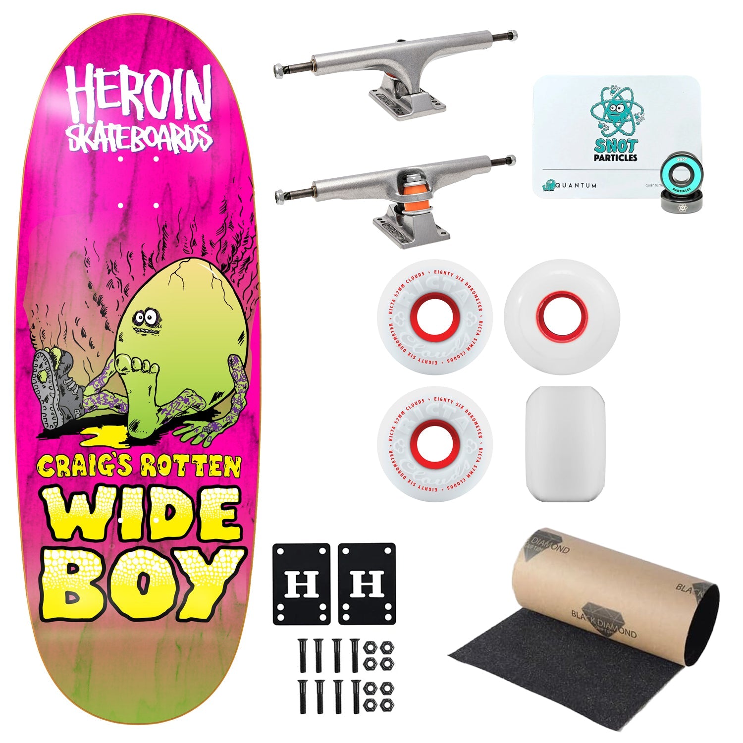 Heroin Premium Skateboard Complete Craig Rotten Wide Boy (Assorted) Independent Trucks Ricta Wheels and Quantum Snot Particles Bearings