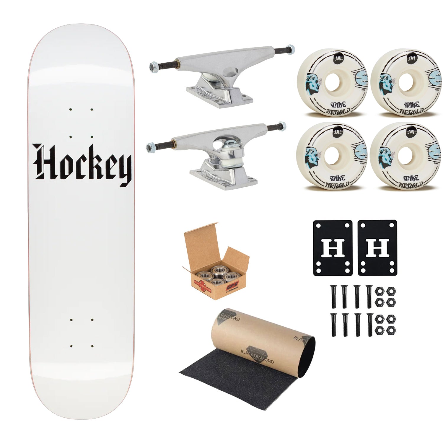 Hockey Premium Upgrade Skateboard Stone White 9.0" x 33.254" Krux Trucks, SML Wheels, Independent Bearings