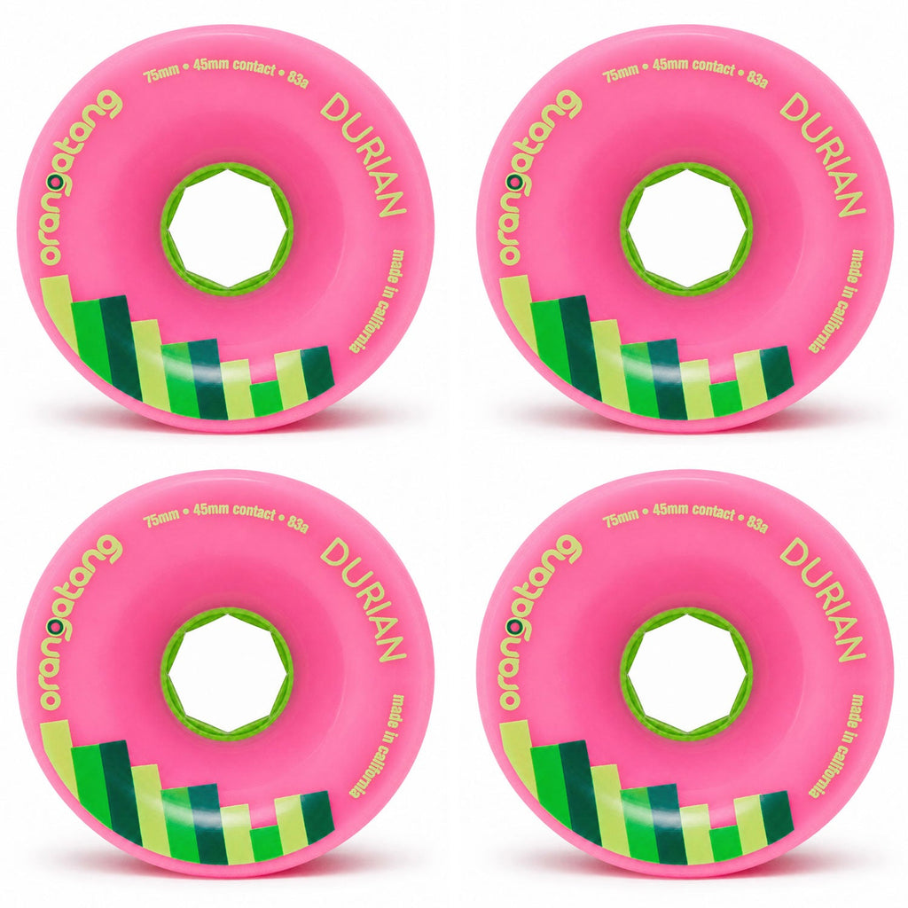 Orangatang Longboard Wheels Durian Pink 75mm 83A with Loaded Jehu V2 Bearings