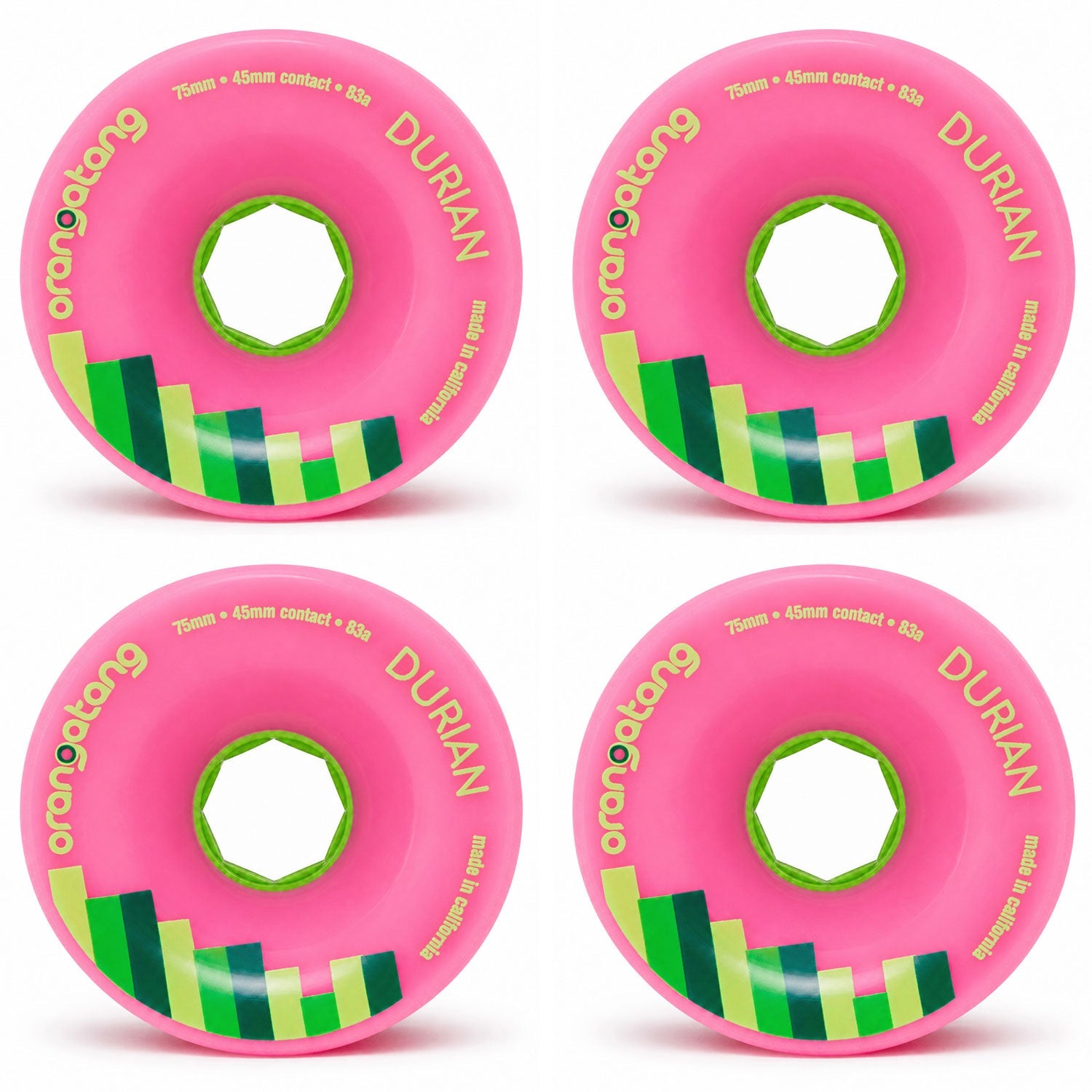 Orangatang Longboard Wheels Durian Pink 75mm 83A with Loaded Jehu V2 Bearings
