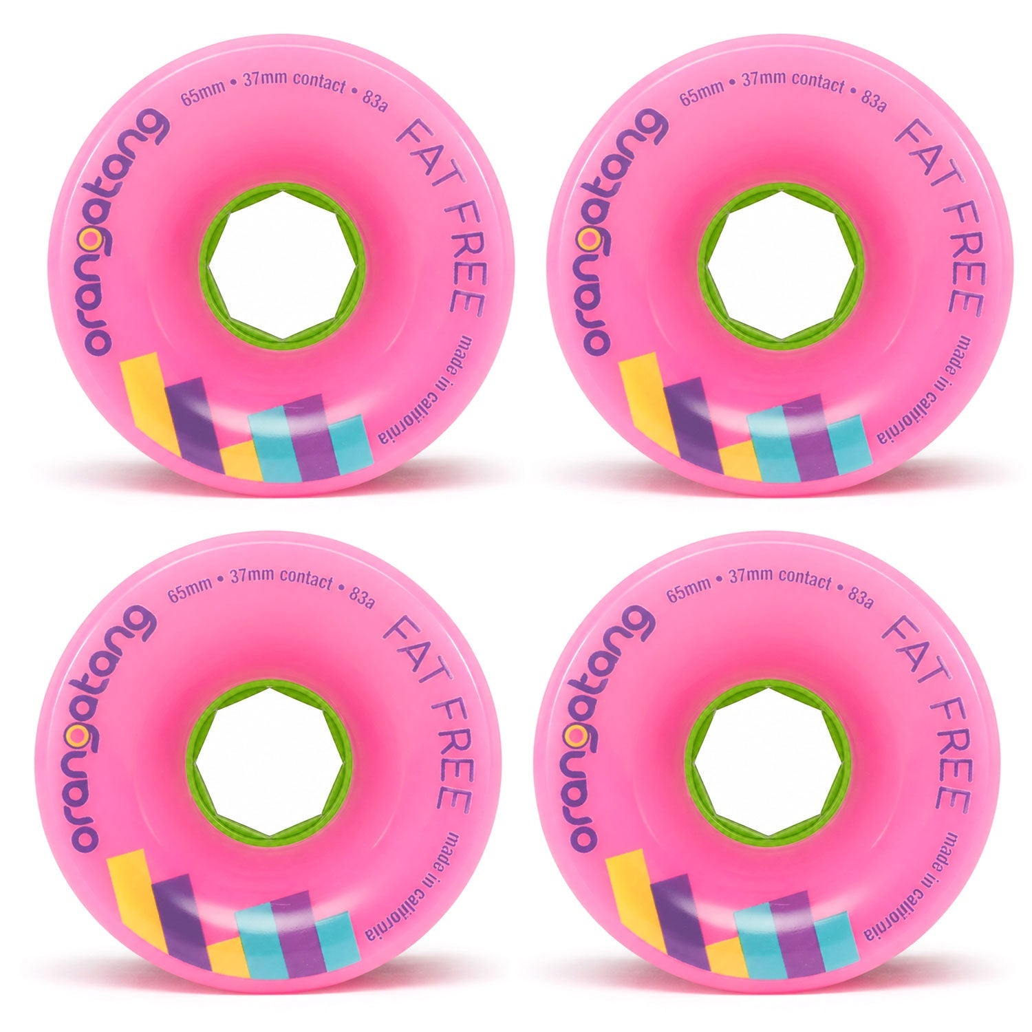 Orangatang Longboard Wheels Fat Free Pink 65mm 83A with Loaded Jehu V2 Bearings