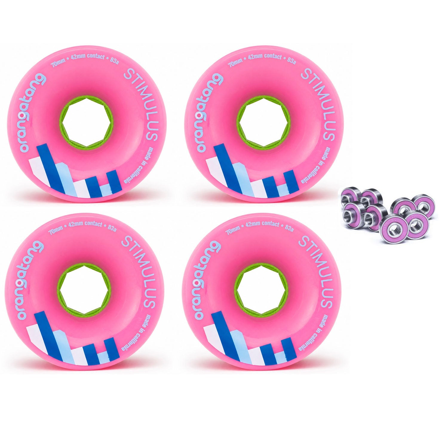 Orangatang Longboard Wheels Stimulus Pink 70mm 83A with Loaded Jehu V2 Bearings