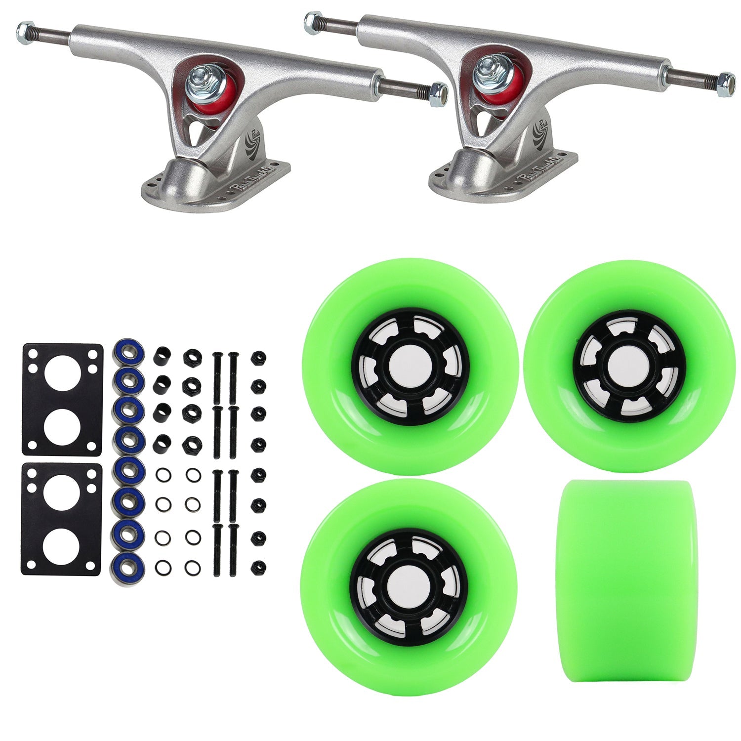 Paris Longboard Trucks with Extra Large Wheels, Abec 7 Bearings, Hardware, and Risers