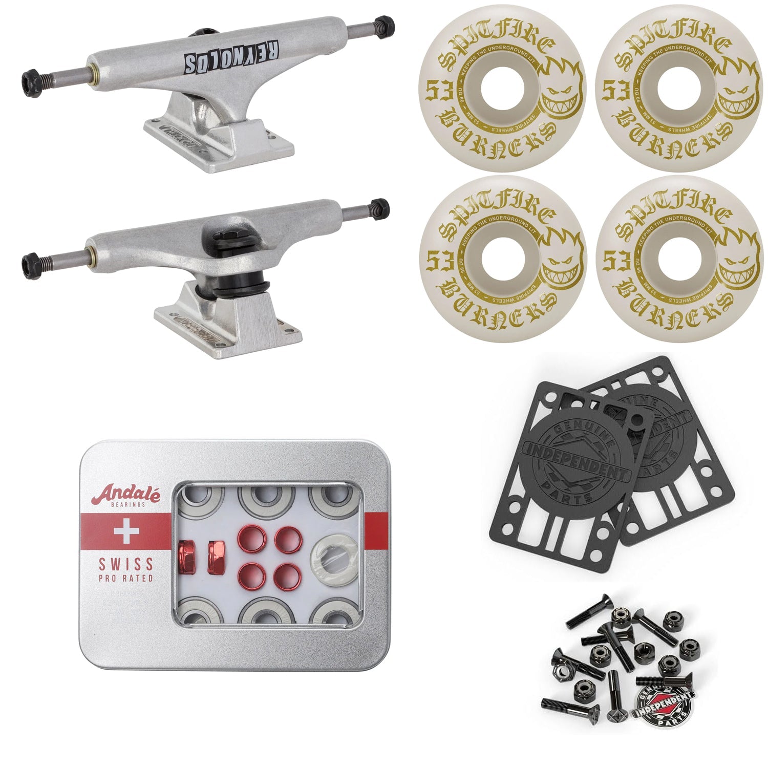 Upgrade Your Skateboard Premium Parts Package - Independent Trucks, Sptifire Wheels, Andale Swiss Bearings