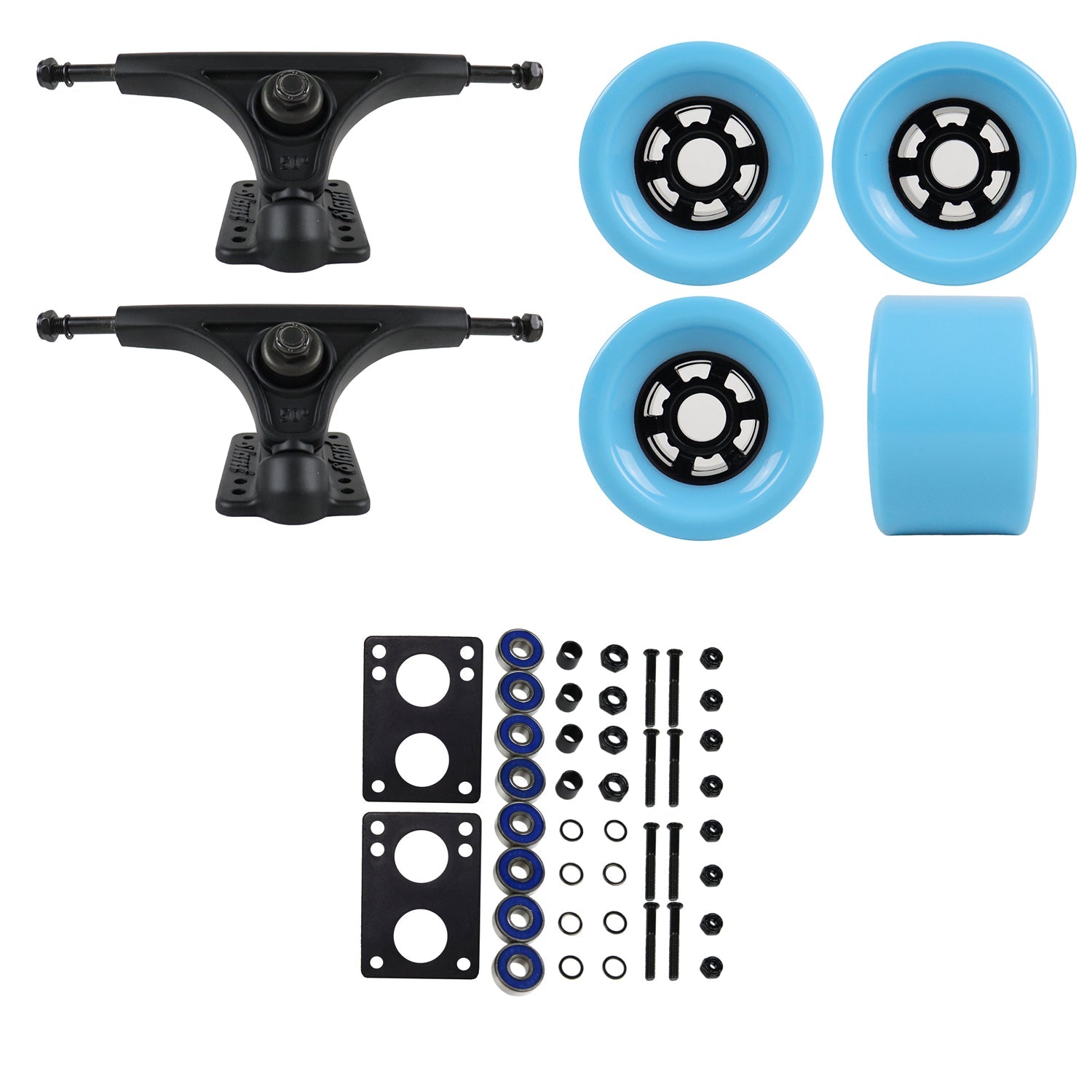Slant Longboard Trucks with Extra Large Wheels, Abec 7 Bearings, Hardware, and Risers