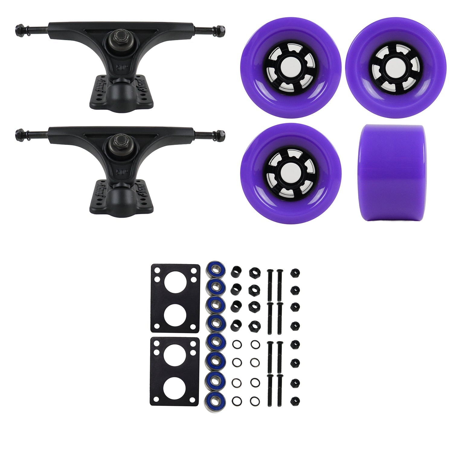 Slant Longboard Trucks with Extra Large Wheels, Abec 7 Bearings, Hardware, and Risers
