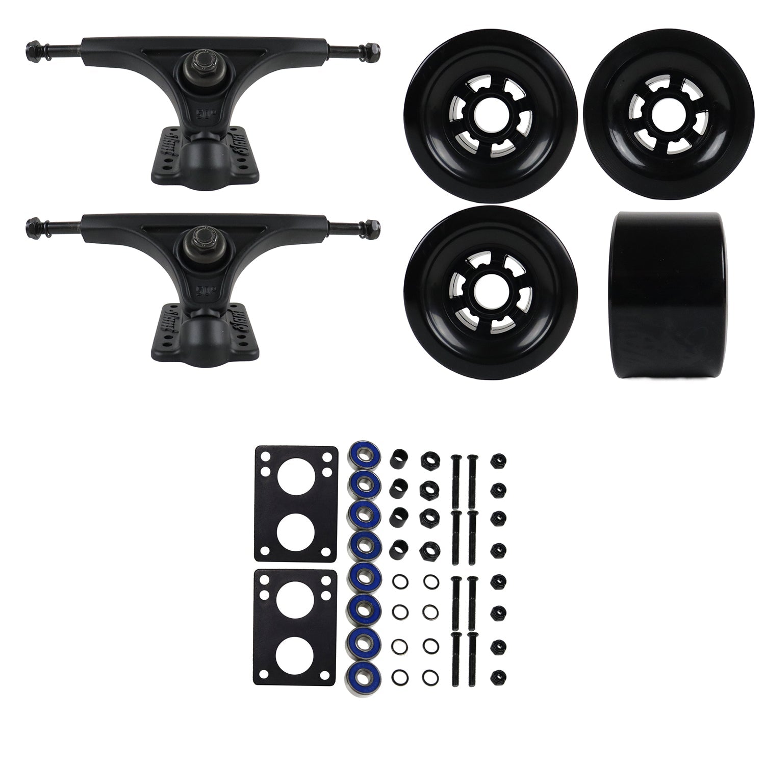 Slant Longboard Trucks with Extra Large Wheels, Abec 7 Bearings, Hardware, and Risers