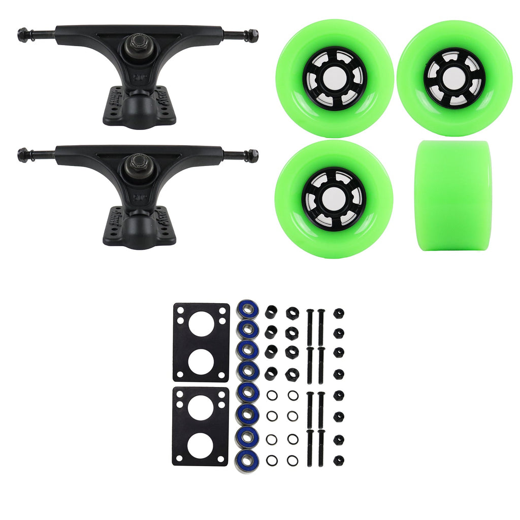 Slant Longboard Trucks with Extra Large Wheels, Abec 7 Bearings, Hardware, and Risers