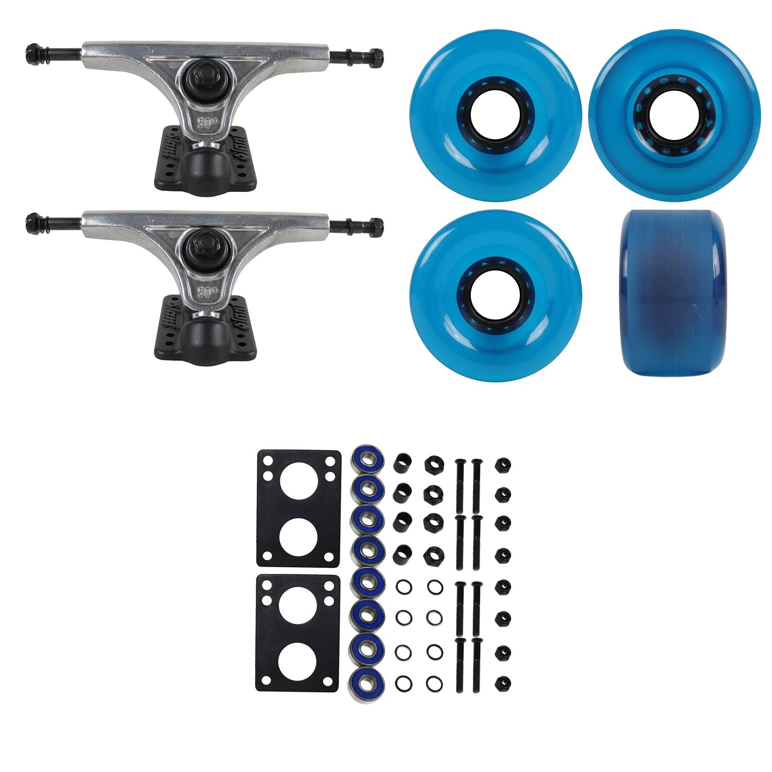 Slant Longboard Trucks with 70mm Wheels, Abec 7 Bearings, Hardware, and Risers