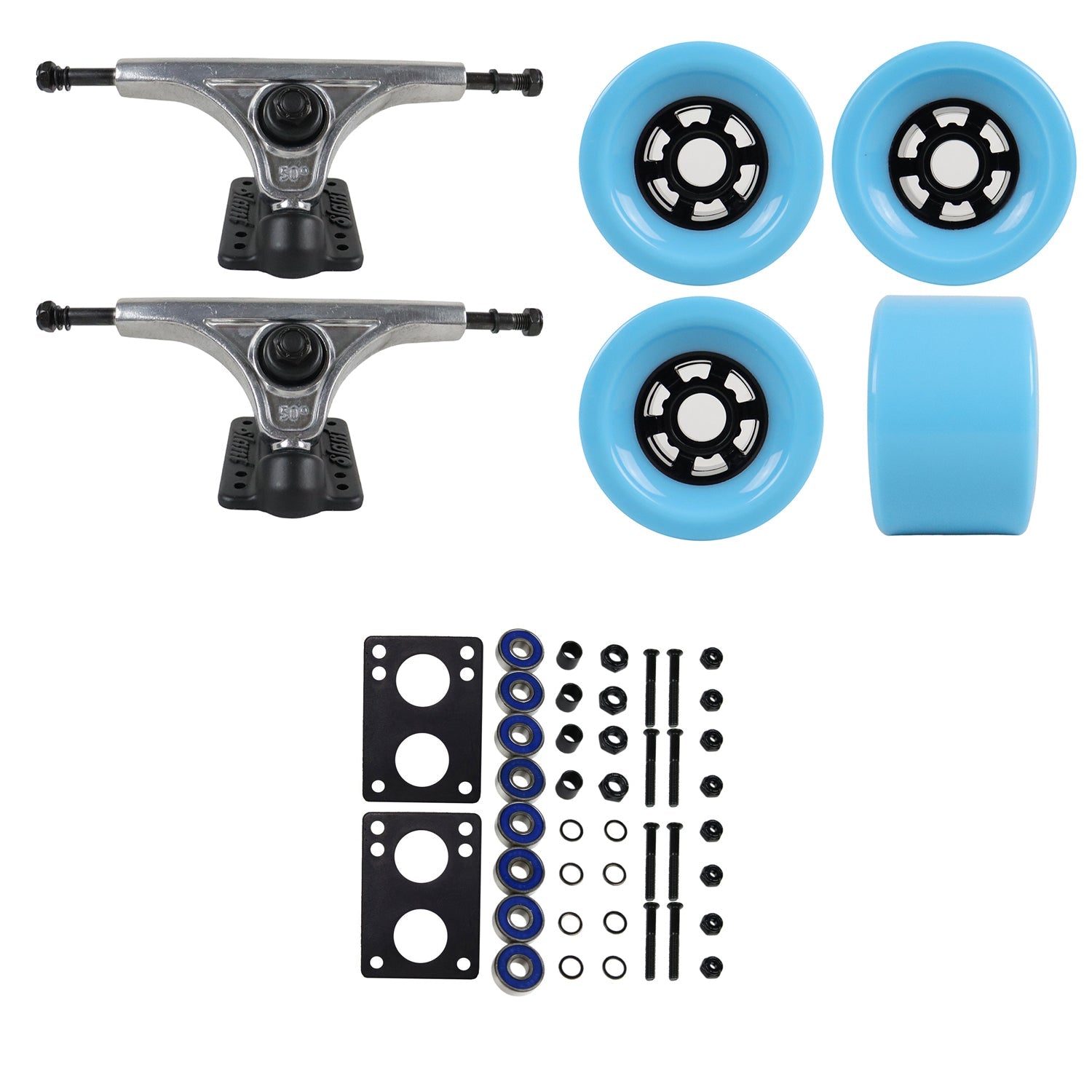 Slant Longboard Trucks with Extra Large Wheels, Abec 7 Bearings, Hardware, and Risers
