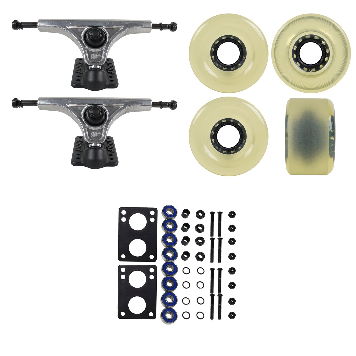 Slant Longboard Trucks with 70mm Wheels, Abec 7 Bearings, Hardware, and Risers