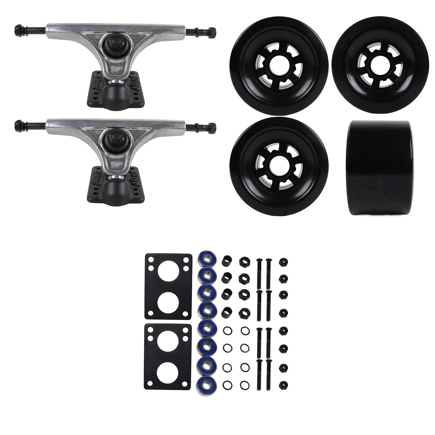 Slant Longboard Trucks with Extra Large Wheels, Abec 7 Bearings, Hardware, and Risers