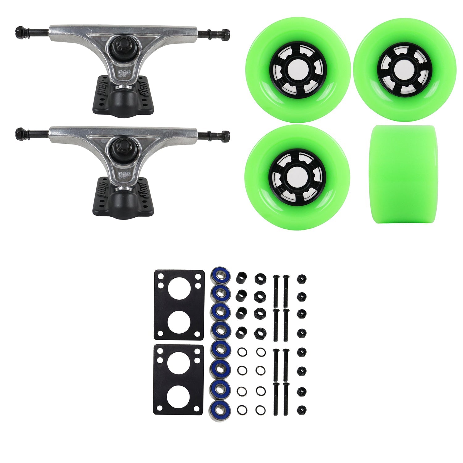 Slant Longboard Trucks with Extra Large Wheels, Abec 7 Bearings, Hardware, and Risers