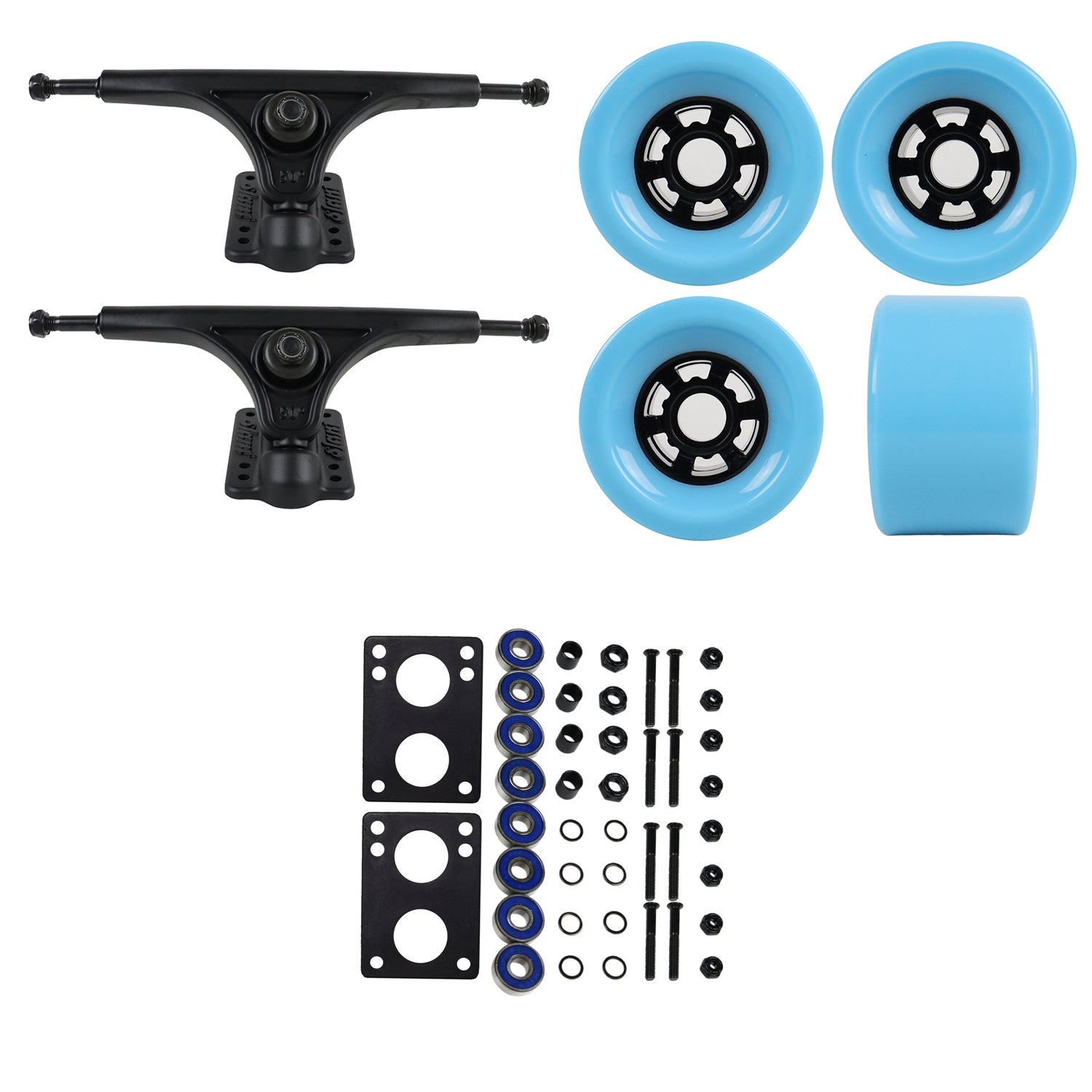 Slant Longboard Trucks with Extra Large Wheels, Abec 7 Bearings, Hardware, and Risers