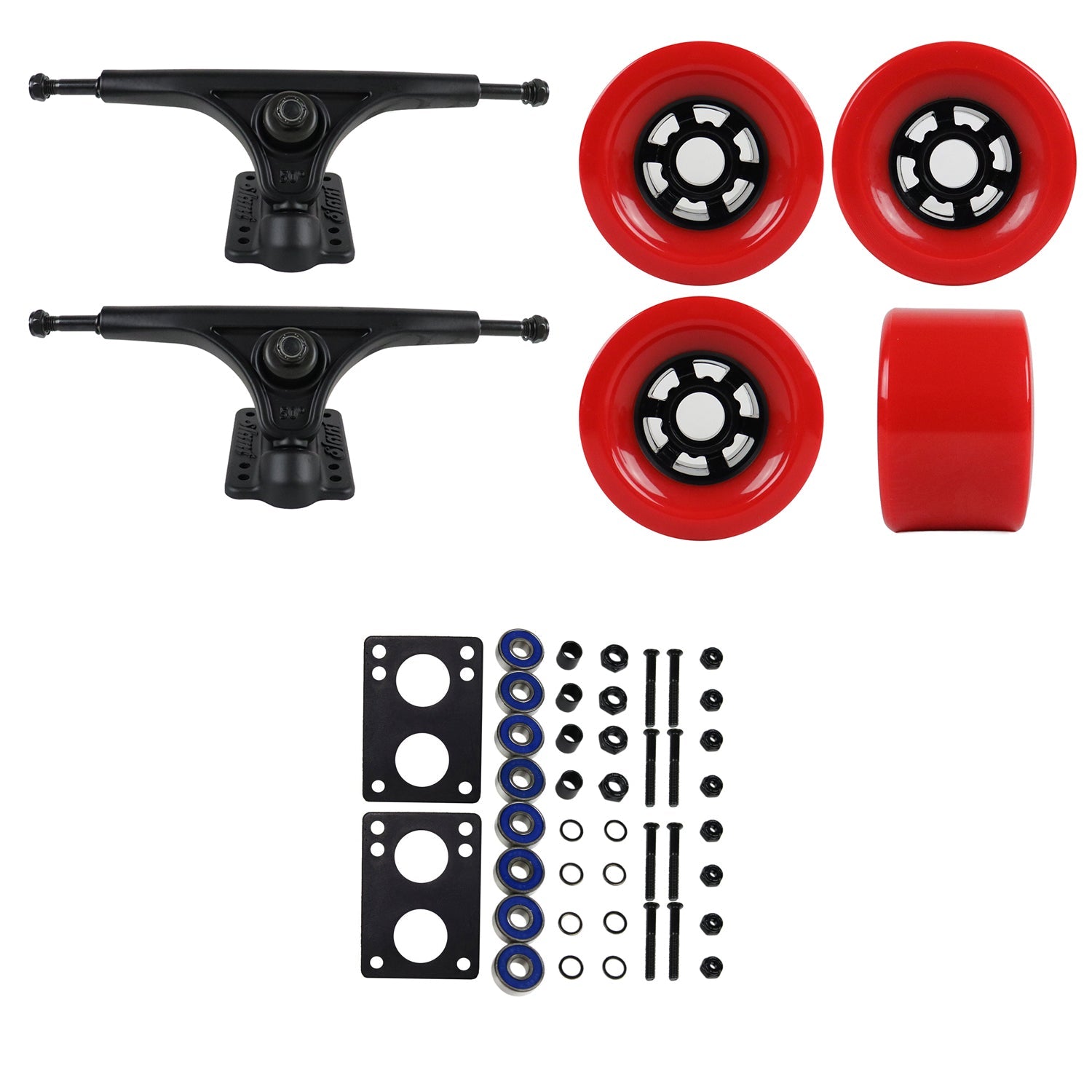Slant Longboard Trucks with Extra Large Wheels, Abec 7 Bearings, Hardware, and Risers