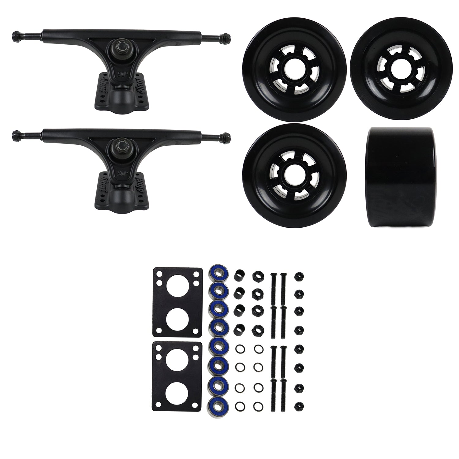 Slant Longboard Trucks with Extra Large Wheels, Abec 7 Bearings, Hardware, and Risers