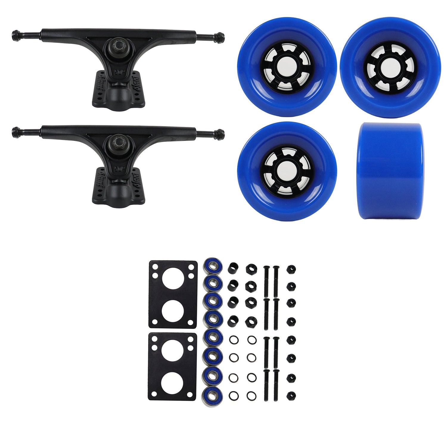 Slant Longboard Trucks with Extra Large Wheels, Abec 7 Bearings, Hardware, and Risers