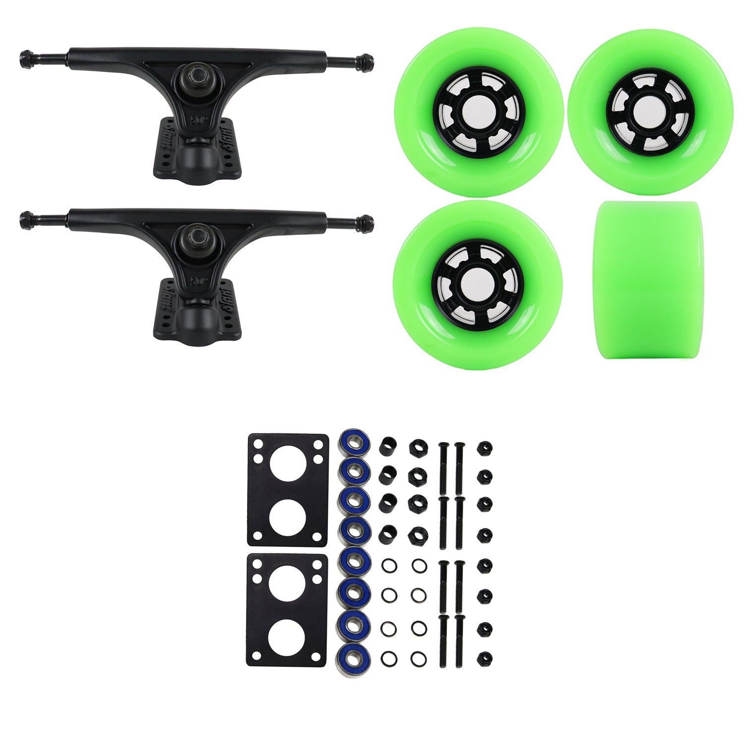 Slant Longboard Trucks with Extra Large Wheels, Abec 7 Bearings, Hardware, and Risers