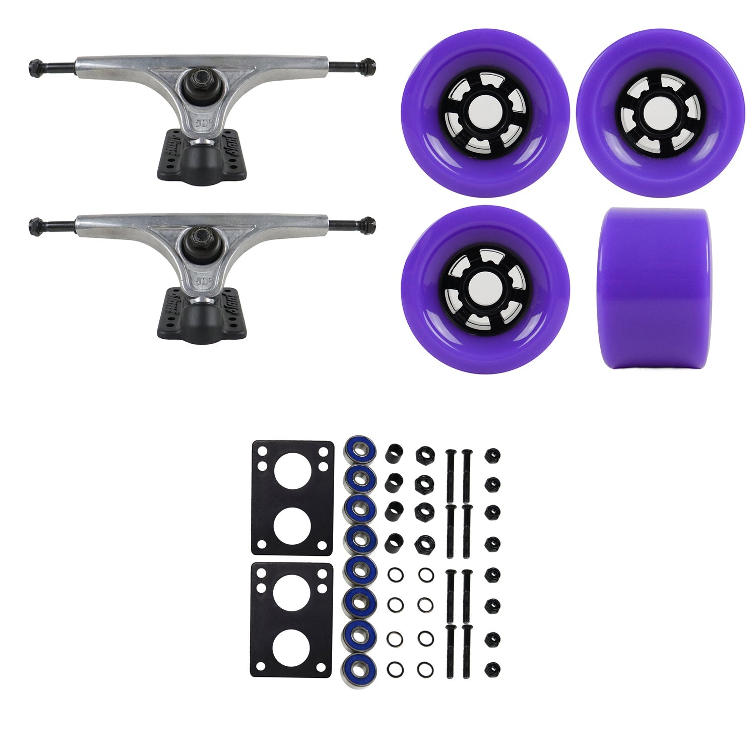 Slant Longboard Trucks with Extra Large Wheels, Abec 7 Bearings, Hardware, and Risers