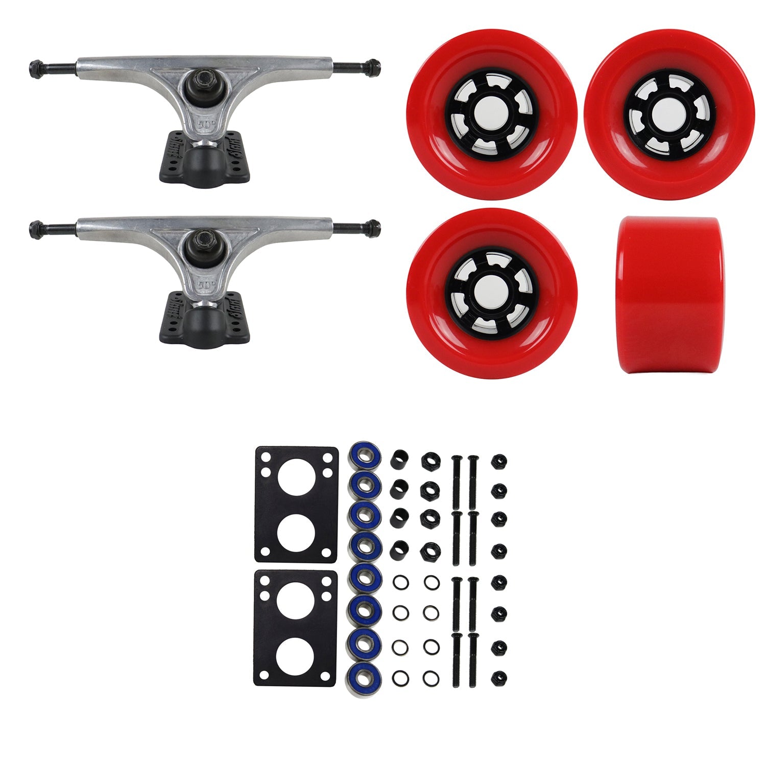 Slant Longboard Trucks with Extra Large Wheels, Abec 7 Bearings, Hardware, and Risers