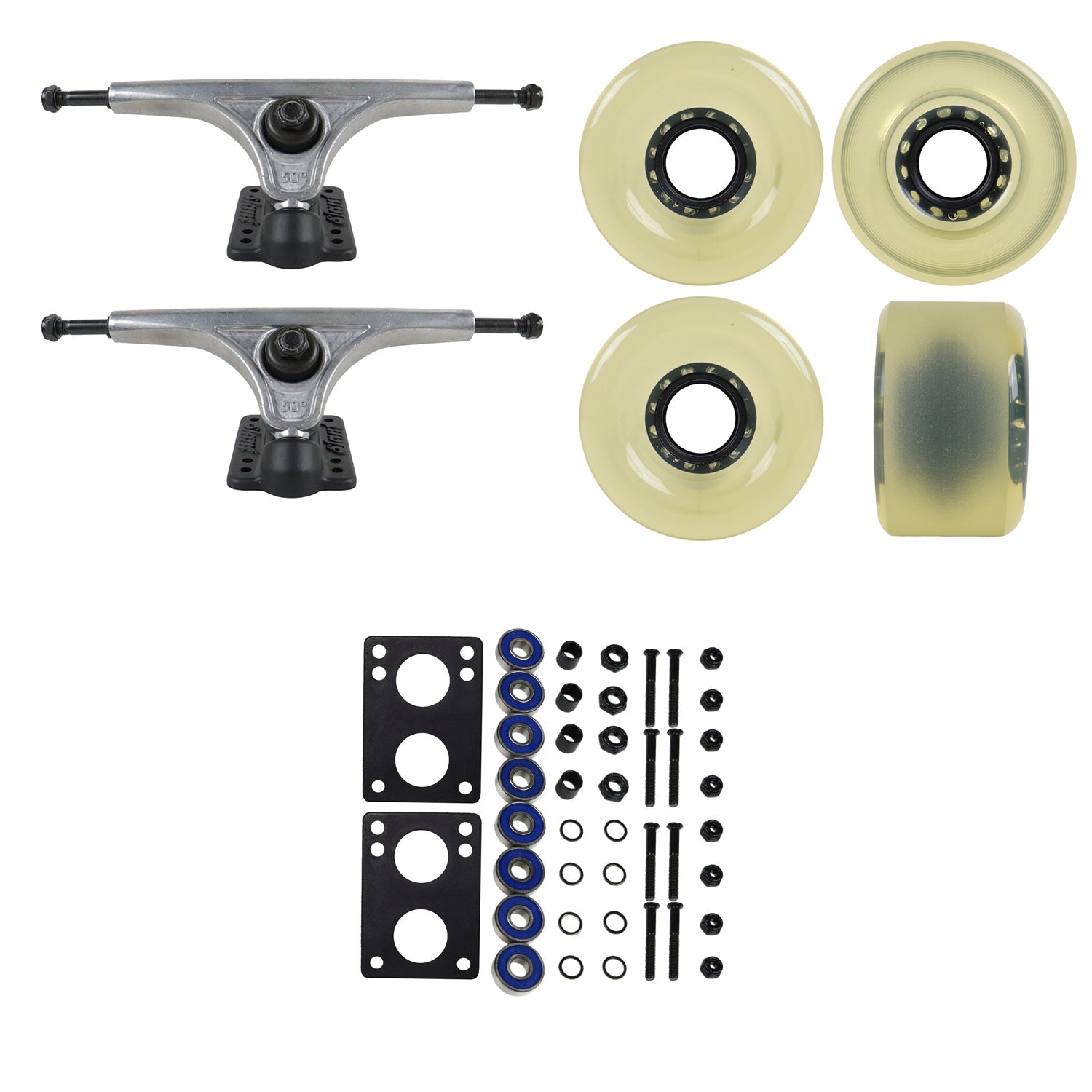 Slant Longboard Trucks with 70mm Wheels, Abec 7 Bearings, Hardware, and Risers