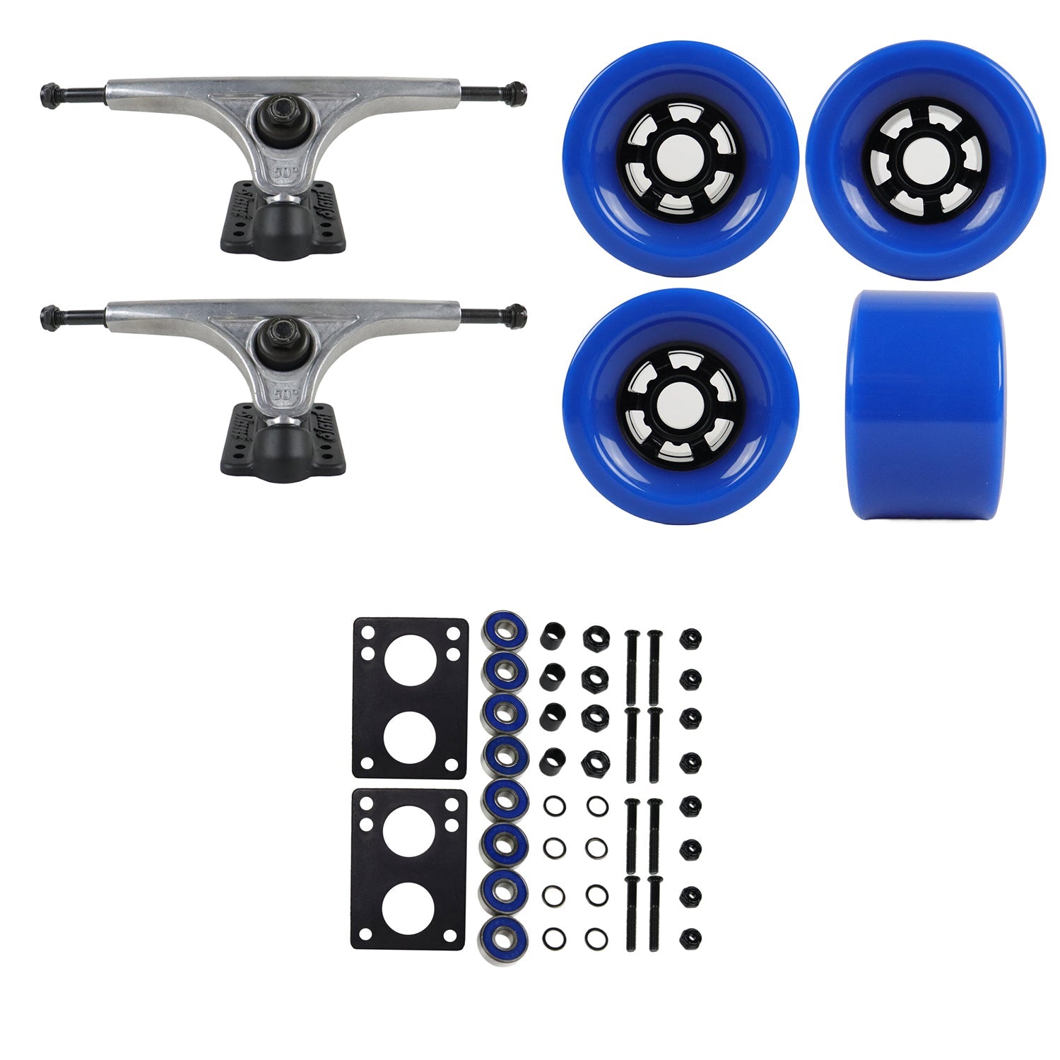 Slant Longboard Trucks with Extra Large Wheels, Abec 7 Bearings, Hardware, and Risers