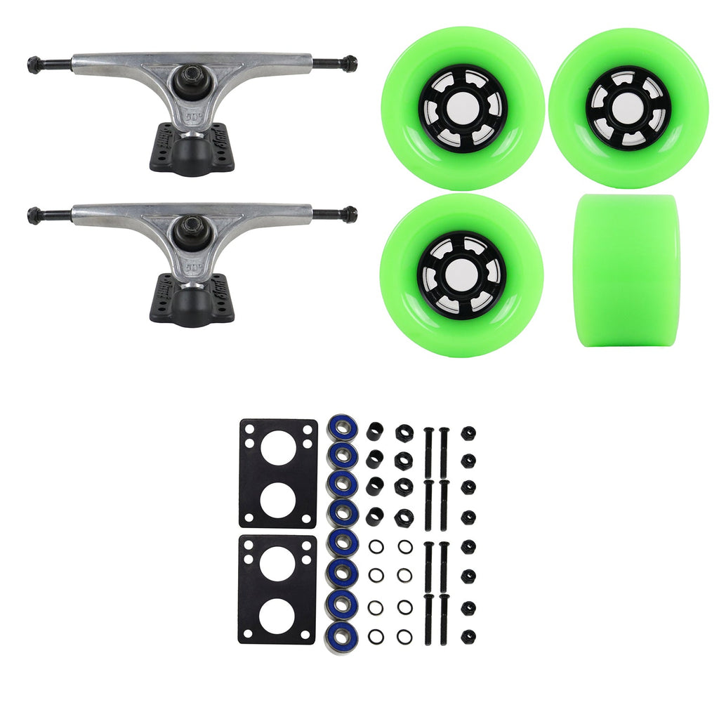 Slant Longboard Trucks with Extra Large Wheels, Abec 7 Bearings, Hardware, and Risers
