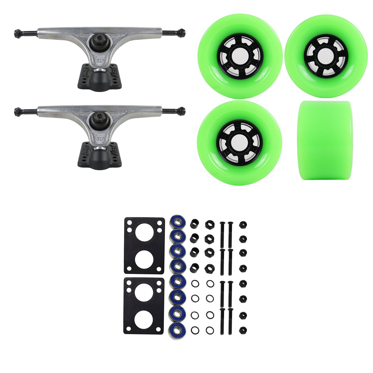 Slant Longboard Trucks with Extra Large Wheels, Abec 7 Bearings, Hardware, and Risers