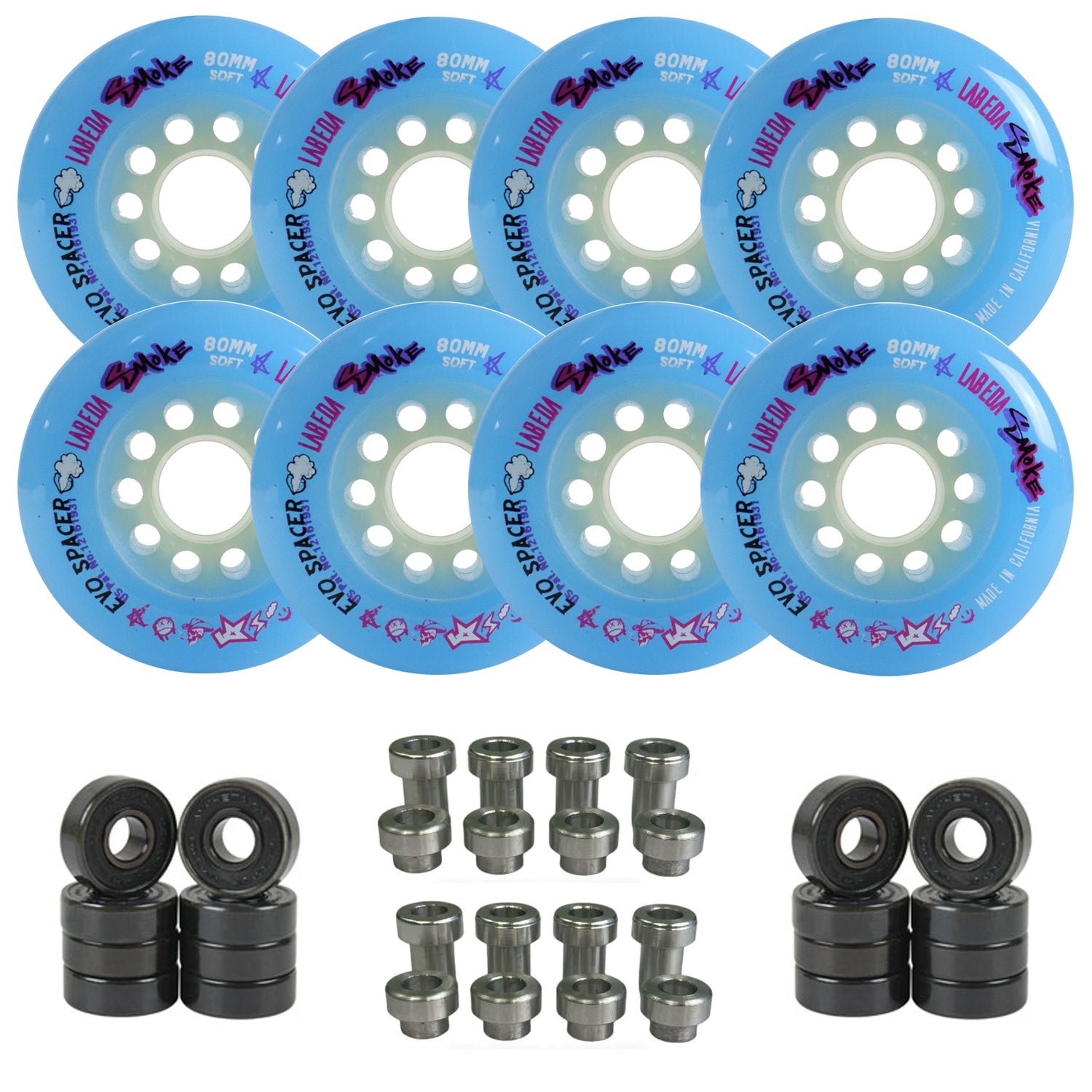 Labeda Smoke Evo Roller Hockey Wheels - 8-Pack with Evo Spacers and Hybrid Ceramic Bearings