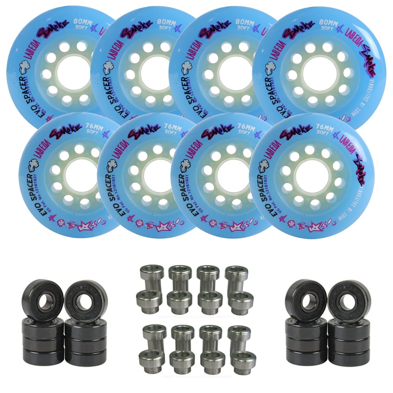 Labeda Smoke Evo Roller Hockey Wheels - 8-Pack with Evo Spacers and Hybrid Ceramic Bearings