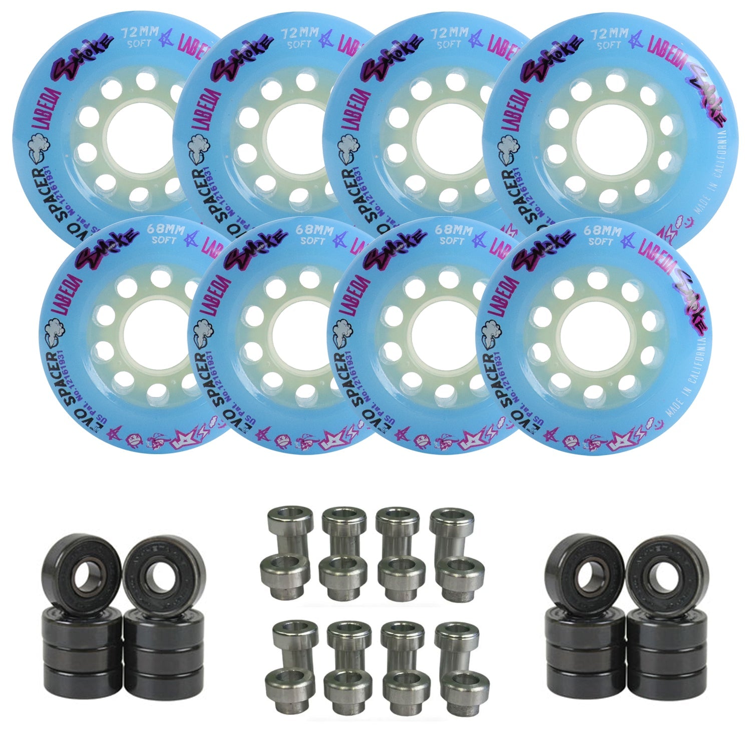 Labeda Smoke Evo Roller Hockey Wheels - 8-Pack with Evo Spacers and Hybrid Ceramic Bearings