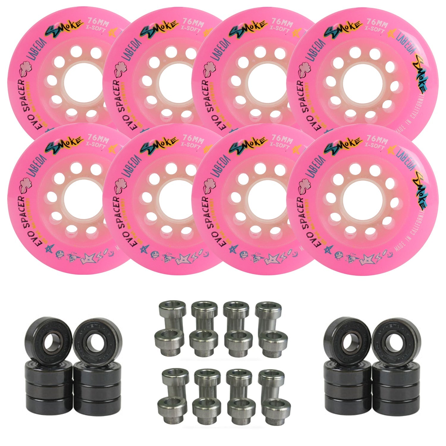Labeda Smoke Evo Roller Hockey Wheels - 8-Pack with Evo Spacers and Hybrid Ceramic Bearings