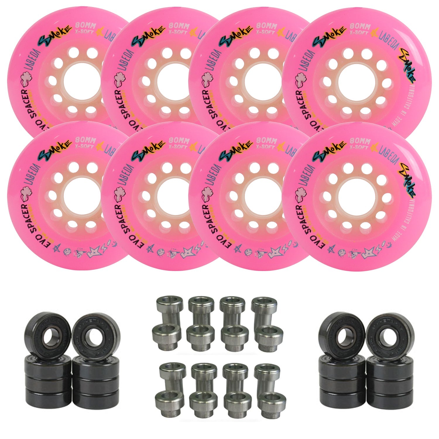 Labeda Smoke Evo Roller Hockey Wheels - 8-Pack with Evo Spacers and Hybrid Ceramic Bearings