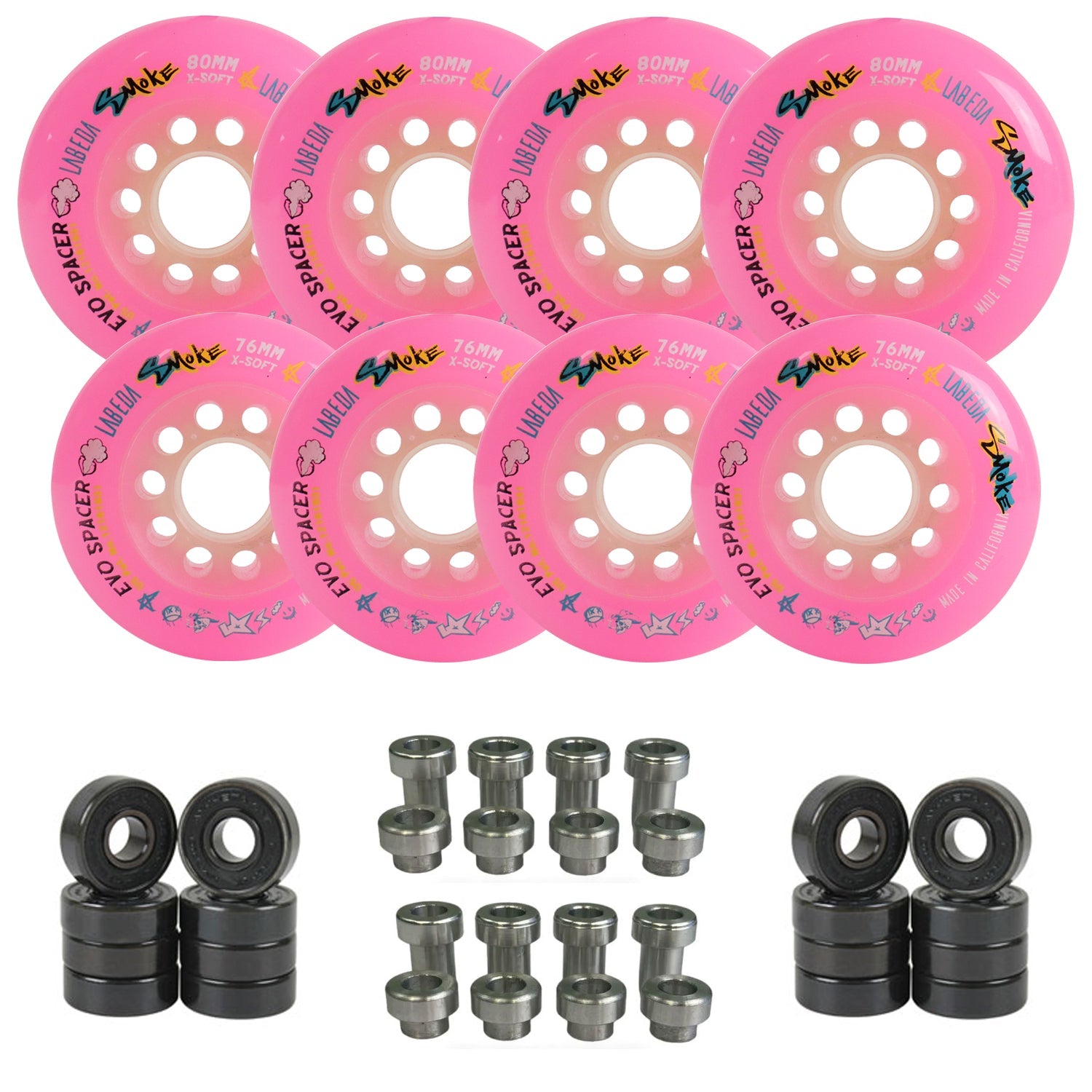 Labeda Smoke Evo Roller Hockey Wheels - 8-Pack with Evo Spacers and Hybrid Ceramic Bearings