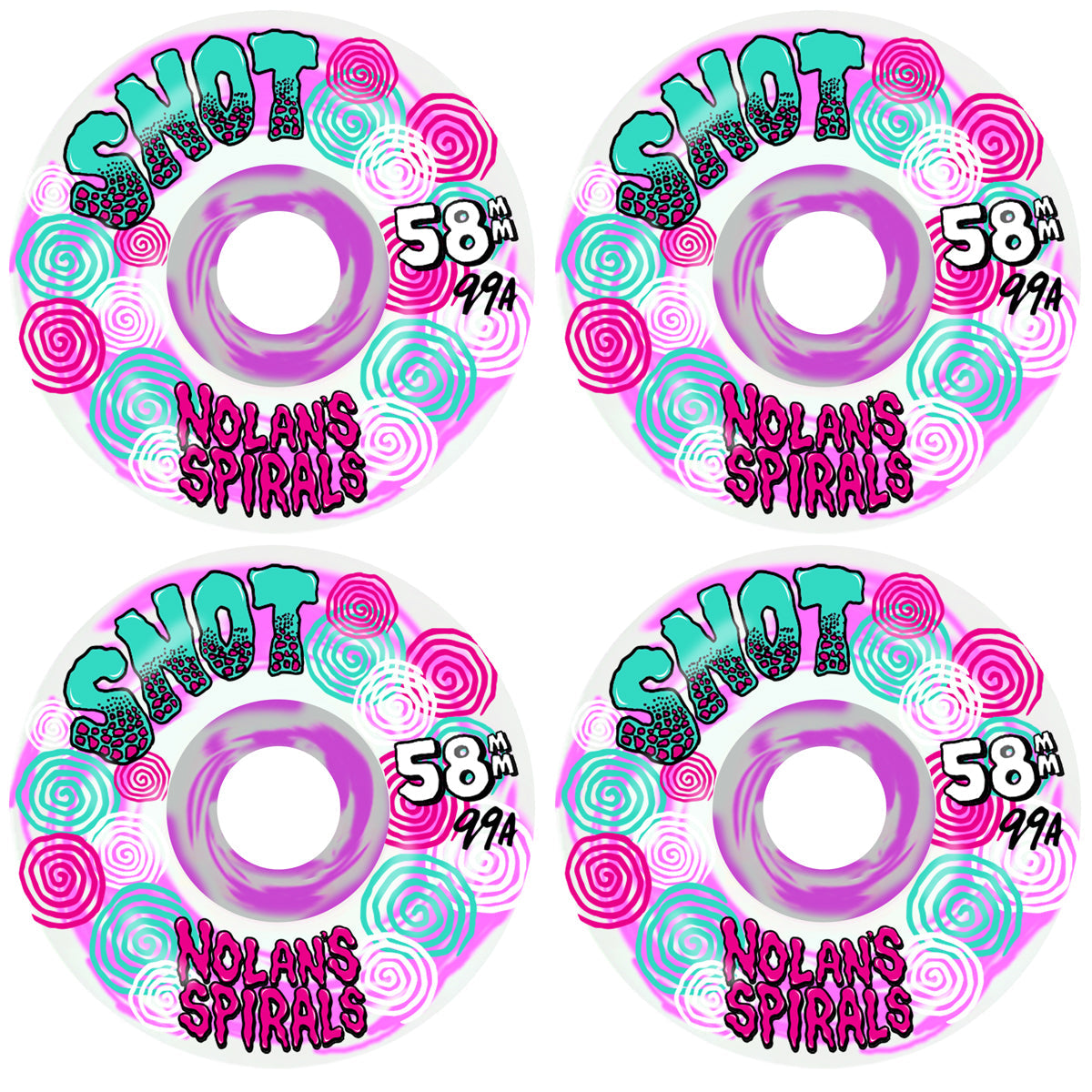 Snot Skateboard Wheels 58mm Nolan Houghton Spiral Wide Boys 99A Pink Swirl