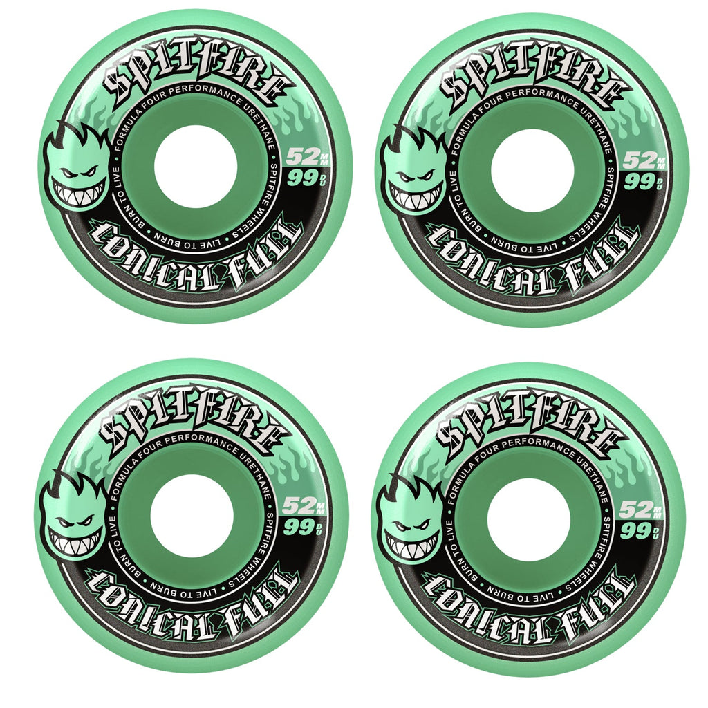 Spitfire Skateboard Wheels 52mm F4 99A Color Pack Conical Full Teal
