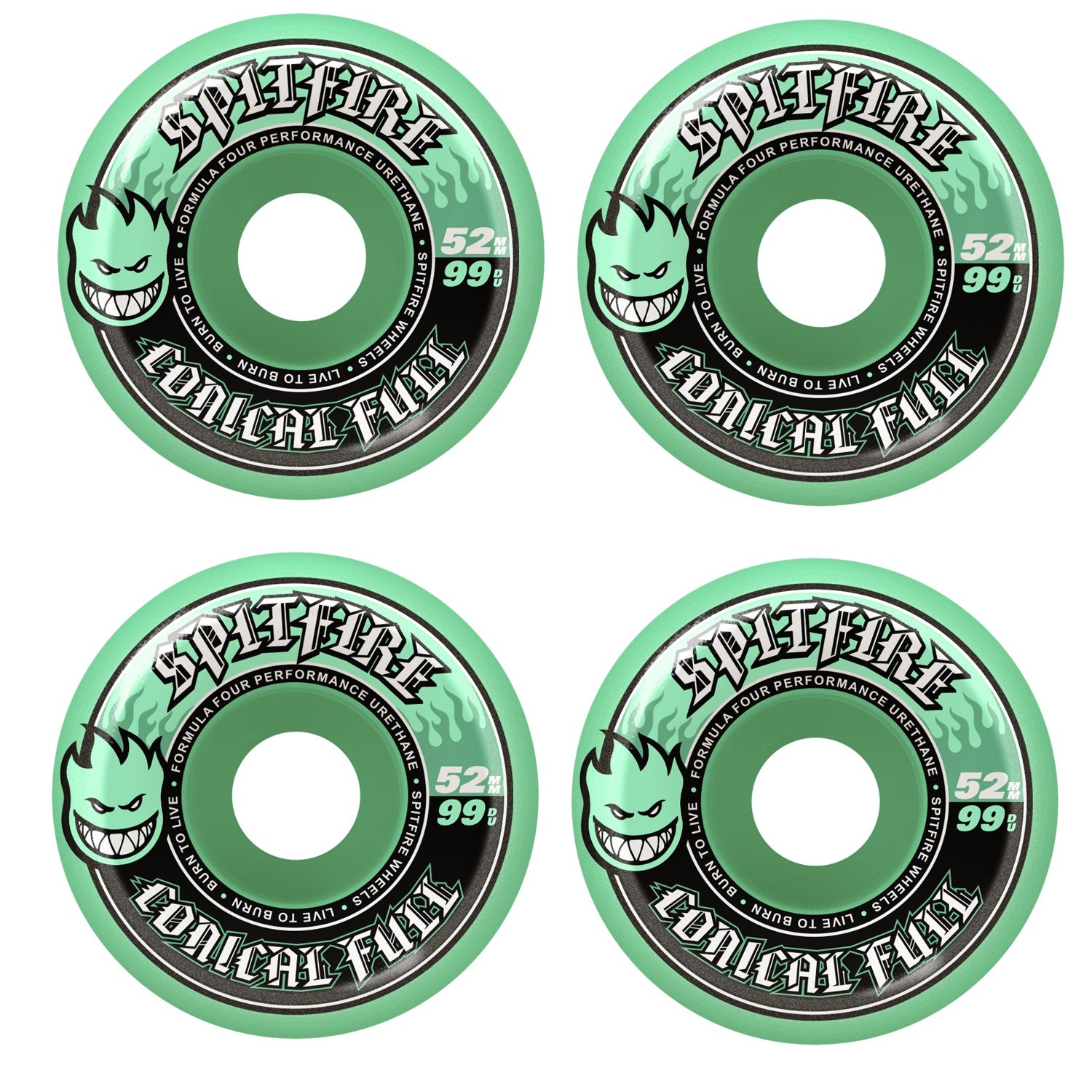 Spitfire Skateboard Wheels 52mm F4 99A Color Pack Conical Full Teal