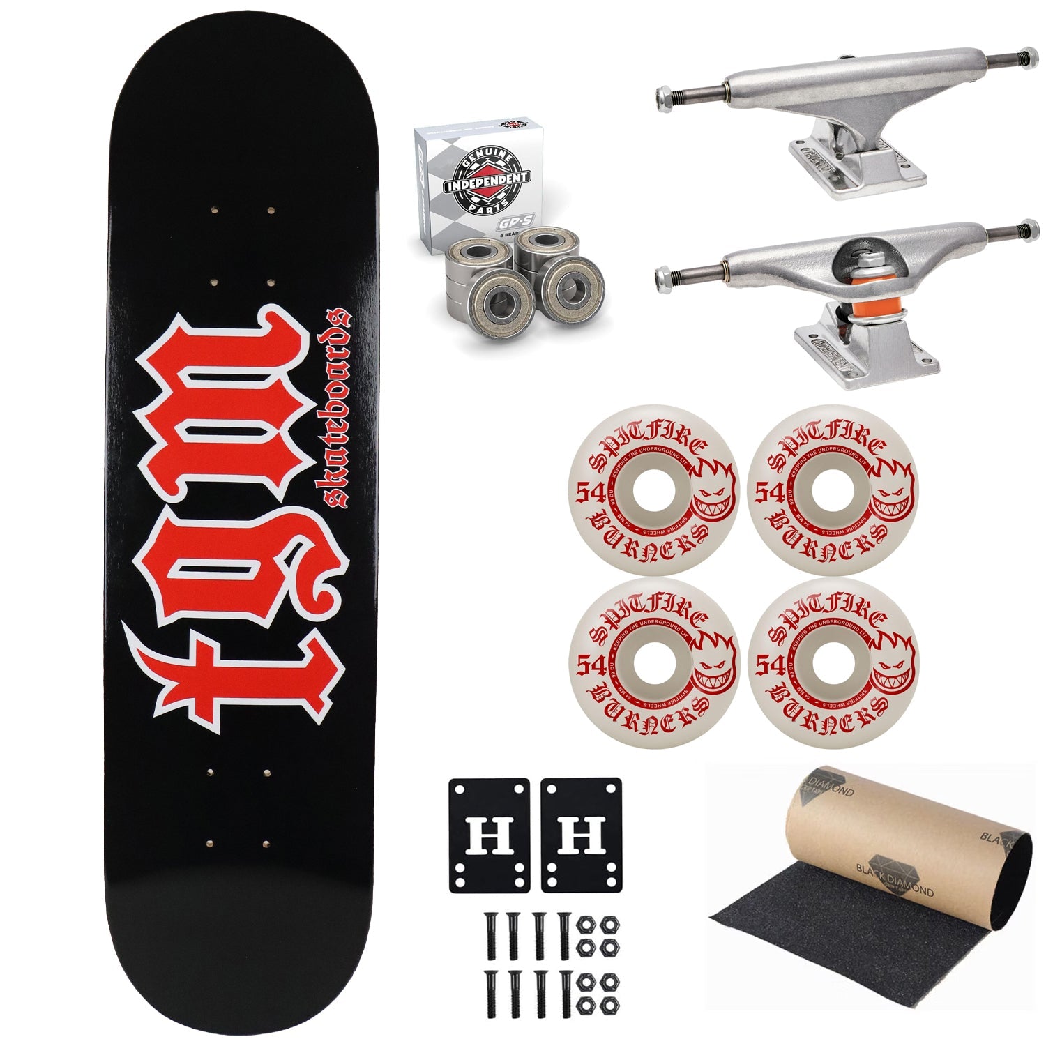 TGM Skateboards OG Goth Logo Skateboard Complete with Independent Spitfire Upgrade