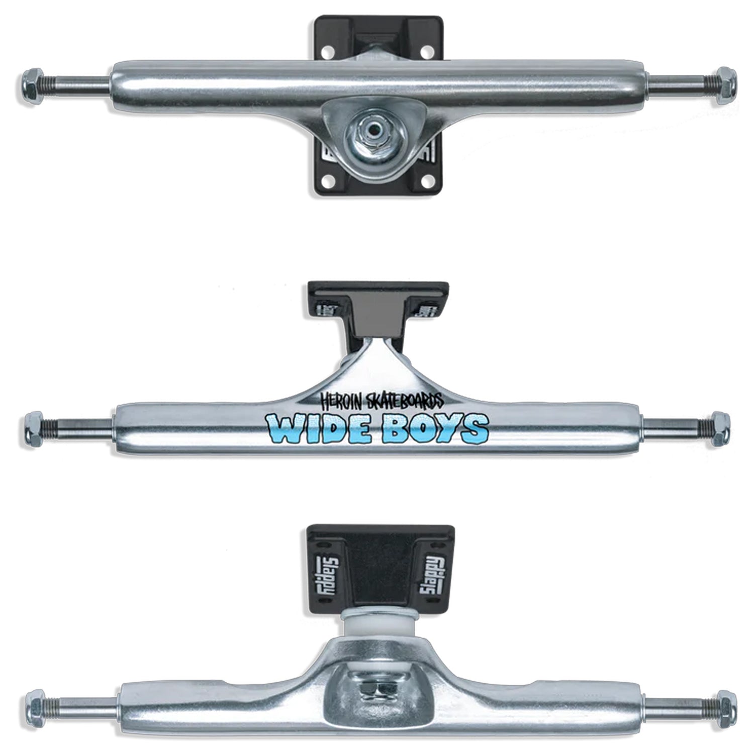 Slappy x Heroin Skateboard Trucks ST1 Hollow Wide Boys 10.5" Silver/Black Pair