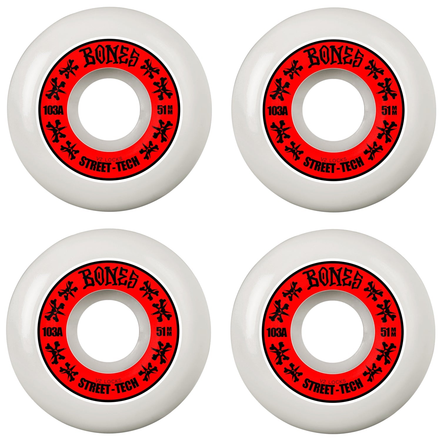 Bones Skateboard Wheels 51mm STF V2 Locks 103A White