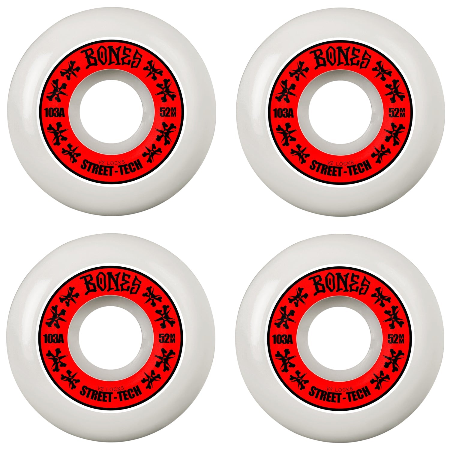 Bones Skateboard Wheels 52mm STF V2 Locks 103A White