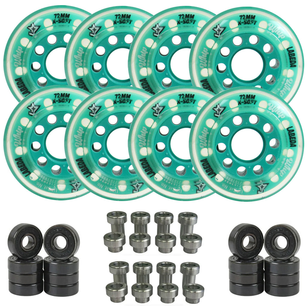 Labeda Whips Roller Hockey Wheels - Teal X-Soft 72mm - 8-Pack with Evo Spacers and Hybrid Ceramic Bearings