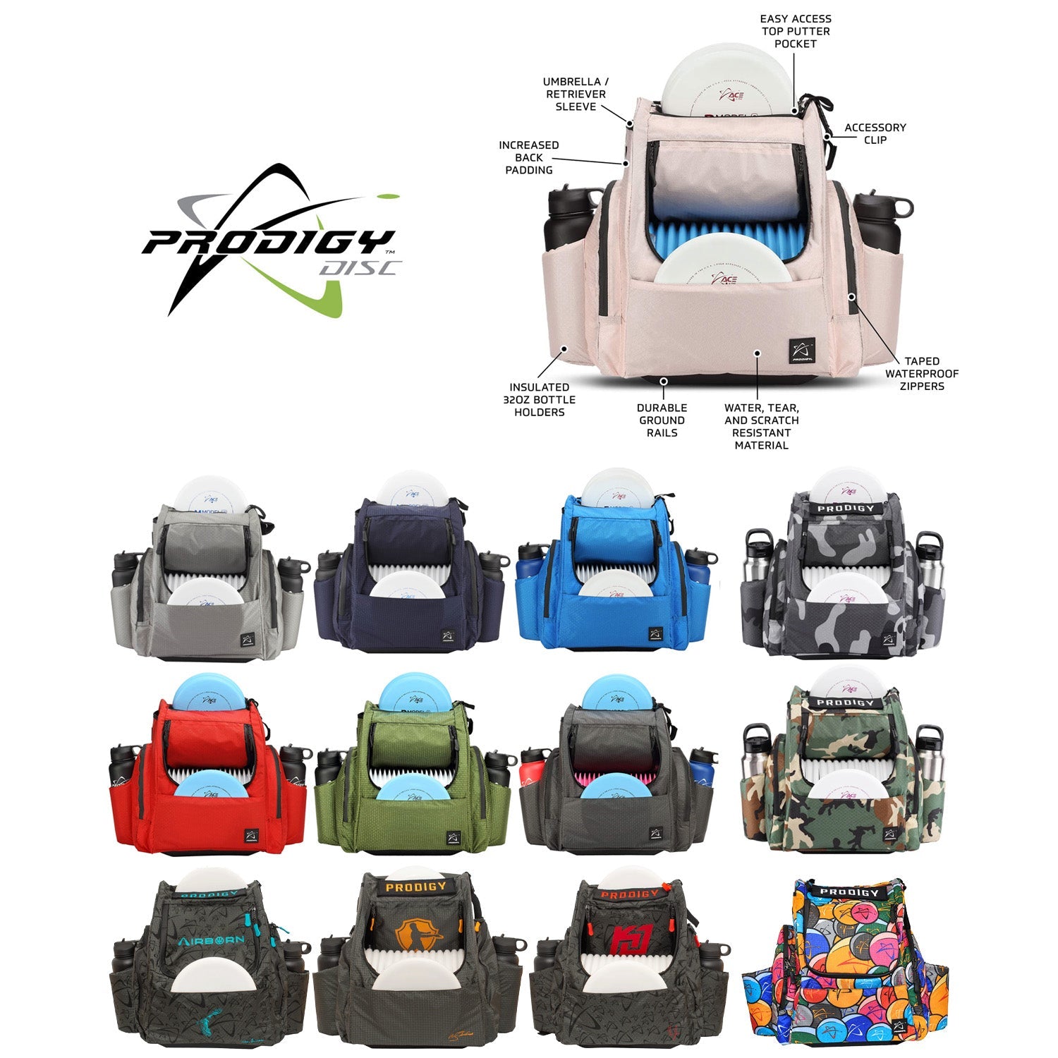 Prodigy Disc Golf Bag BP-2 V3 Backpack (Choose Color) Holds up to 28 Discs